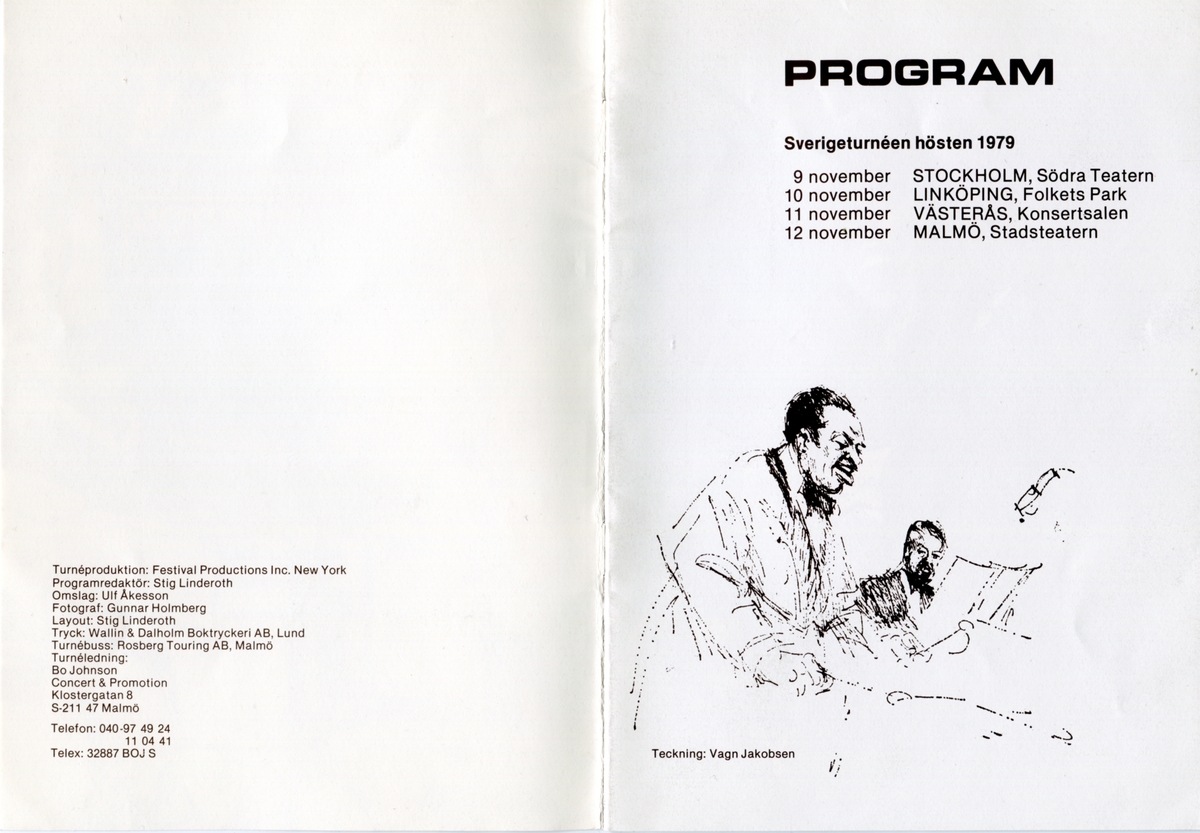 Program för Lionel Hampton Big Band:s Sverigeturné 1979 där bland annat en spelning hos Folkets Park i Linköping förekom den 10 november. Innehåller information om bandet och dess medlemmar samt reklam.