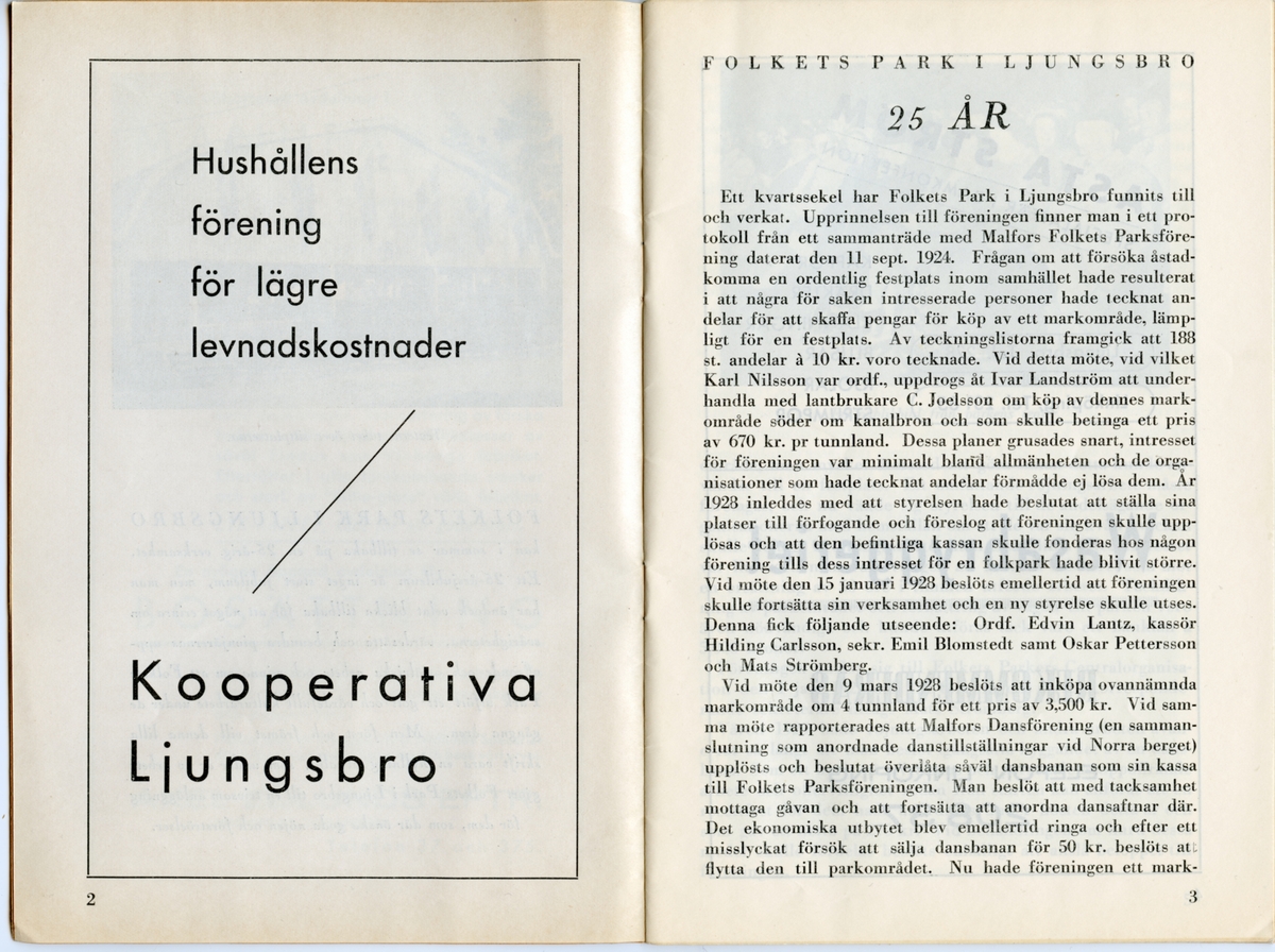 Program för Folkets Park i Ljungsbros 25-årsjubileum. Innehåller information om årets föreställningar och reklam.