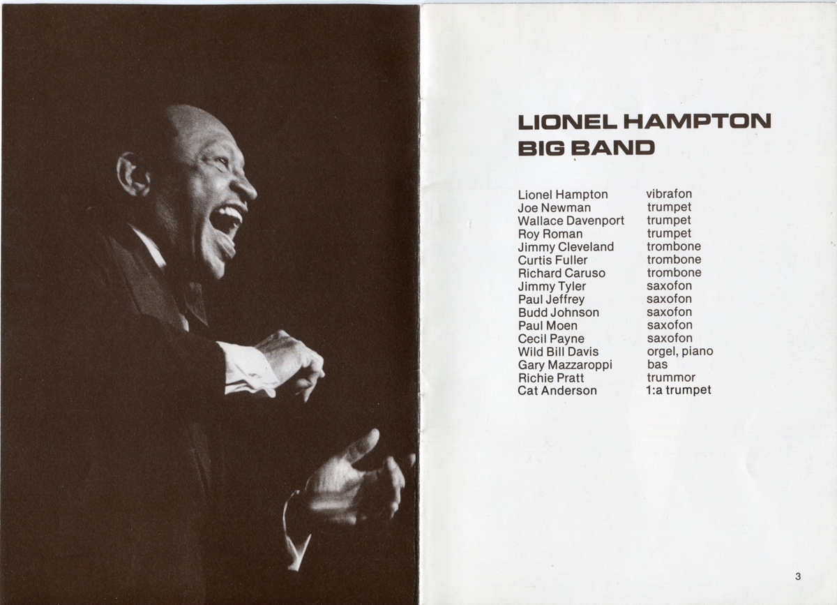 Program för Lionel Hampton Big Band:s Sverigeturné 1979 där bland annat en spelning hos Folkets Park i Linköping förekom den 10 november. Innehåller information om bandet och dess medlemmar samt reklam.