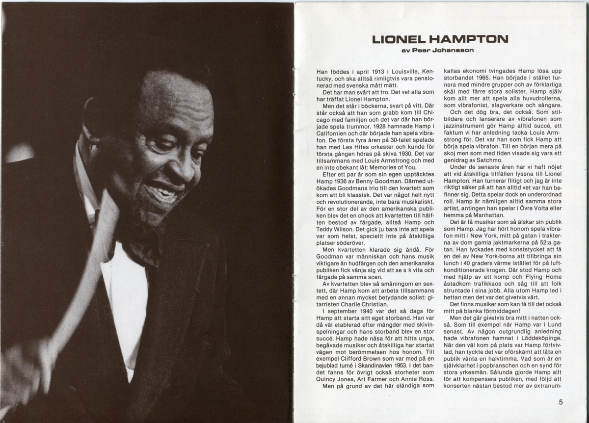Program för Lionel Hampton Big Band:s Sverigeturné 1979 där bland annat en spelning hos Folkets Park i Linköping förekom den 10 november. Innehåller information om bandet och dess medlemmar samt reklam.