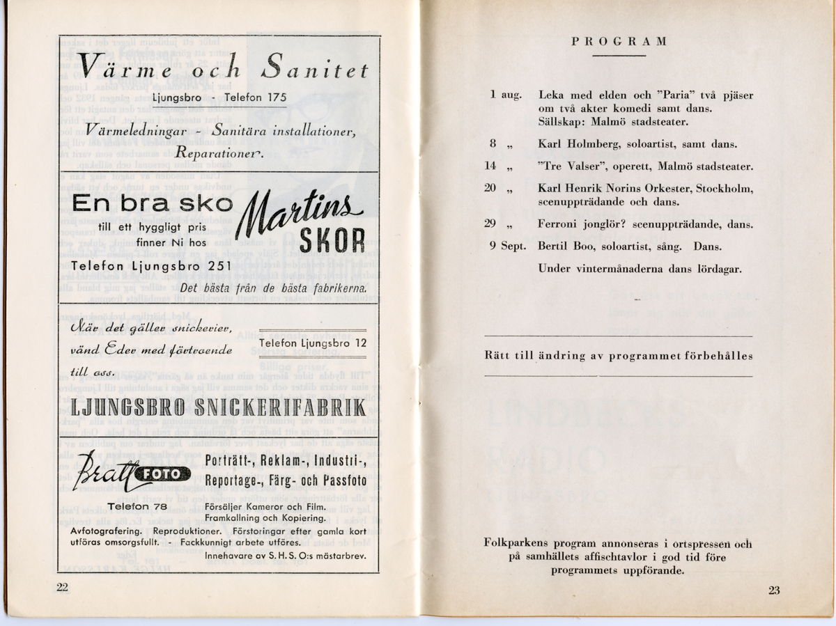 Program för Folkets Park i Ljungsbros 25-årsjubileum. Innehåller information om årets föreställningar och reklam.