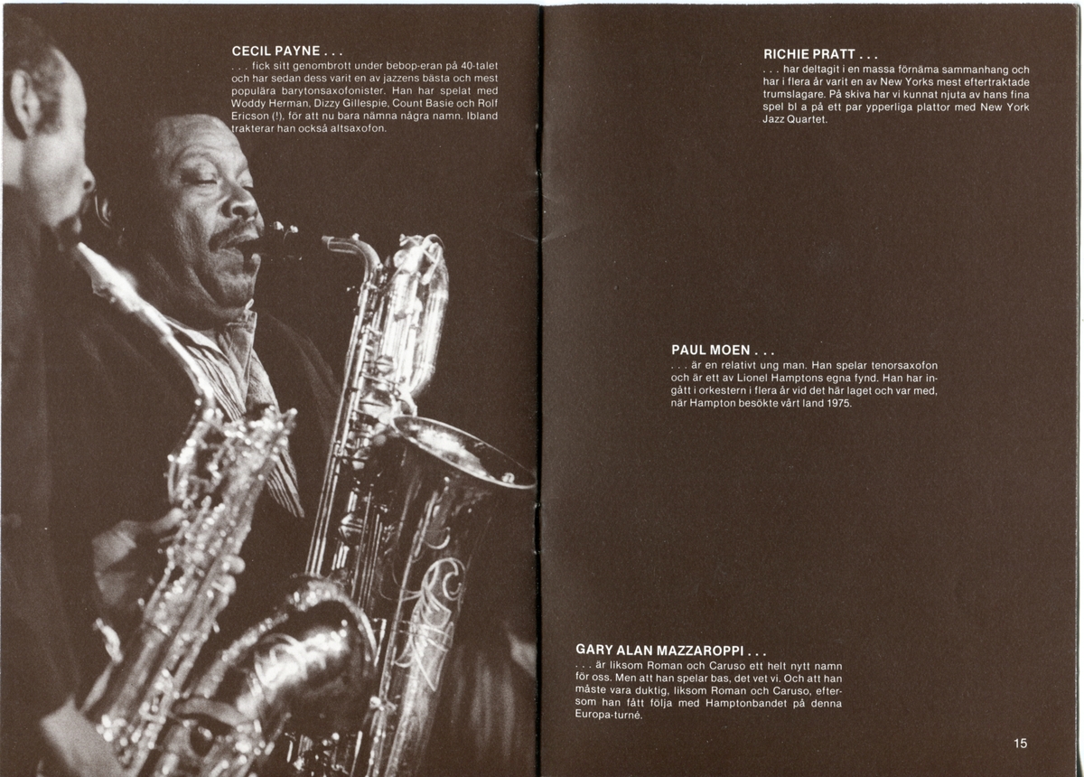 Program för Lionel Hampton Big Band:s Sverigeturné 1979 där bland annat en spelning hos Folkets Park i Linköping förekom den 10 november. Innehåller information om bandet och dess medlemmar samt reklam.