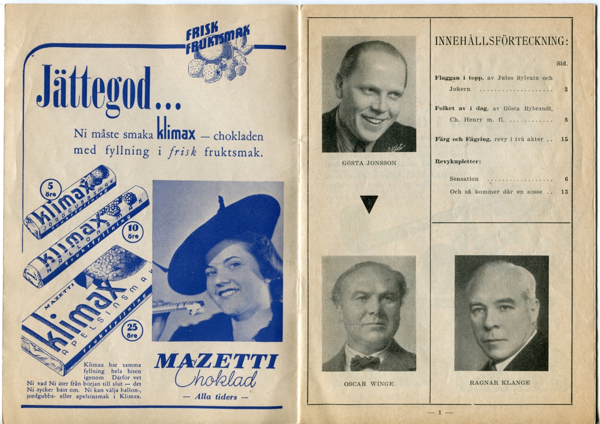 Folkparkernas revyprogram från 1939. Innehåller information om olika föreställningar och reklam.