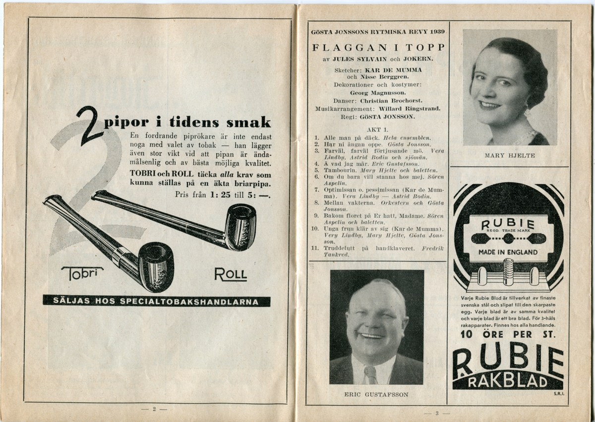 Folkparkernas revyprogram från 1939. Innehåller information om olika föreställningar och reklam.