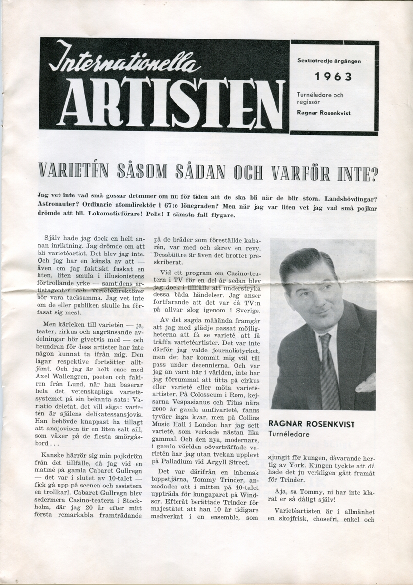 Program för Internationella Artisten - Malmstenstruppens 63:e säsong i Folkparkerna (1963). Innehåller information om föreställningen och reklam.