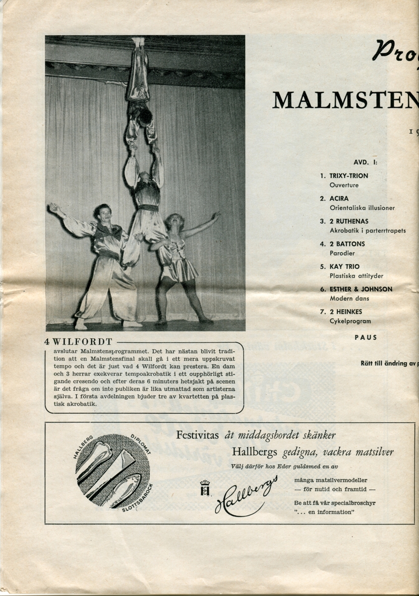 Program för Internationella Artisten - Malmstenstruppens 57:e säsong i Folkparkerna. Innehåller information om föreställningen och reklam.