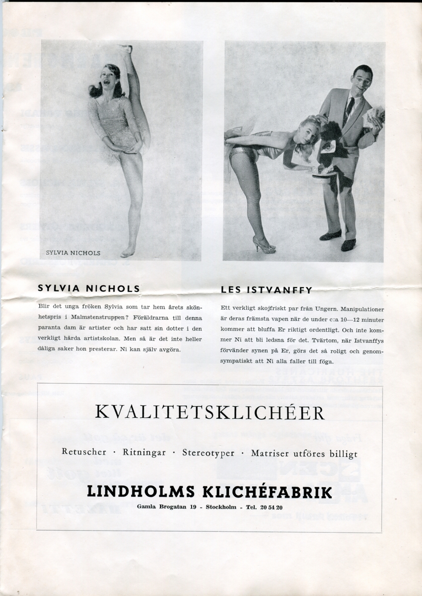 Program för Internationella Artisten - Malmstenstruppens 63:e säsong i Folkparkerna (1963). Innehåller information om föreställningen och reklam.