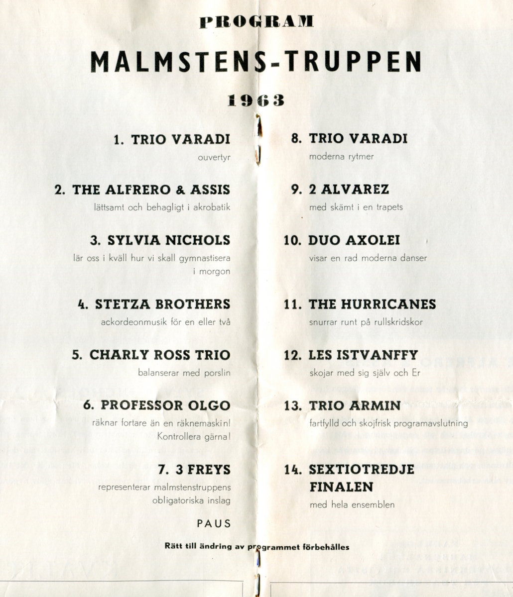 Program för Internationella Artisten - Malmstenstruppens 63:e säsong i Folkparkerna (1963). Innehåller information om föreställningen och reklam.