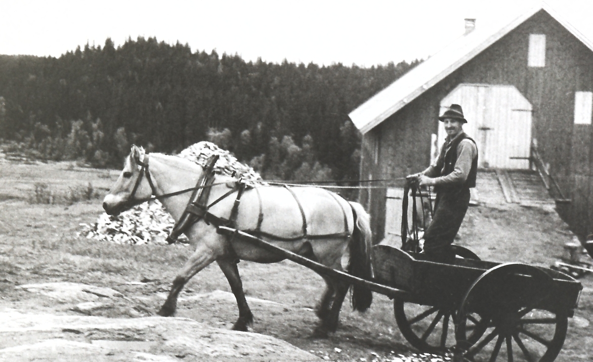 Uthuset på nedre Brekke. Anton Dokka f. 1896 i vogna. Informant Olav Tullerud