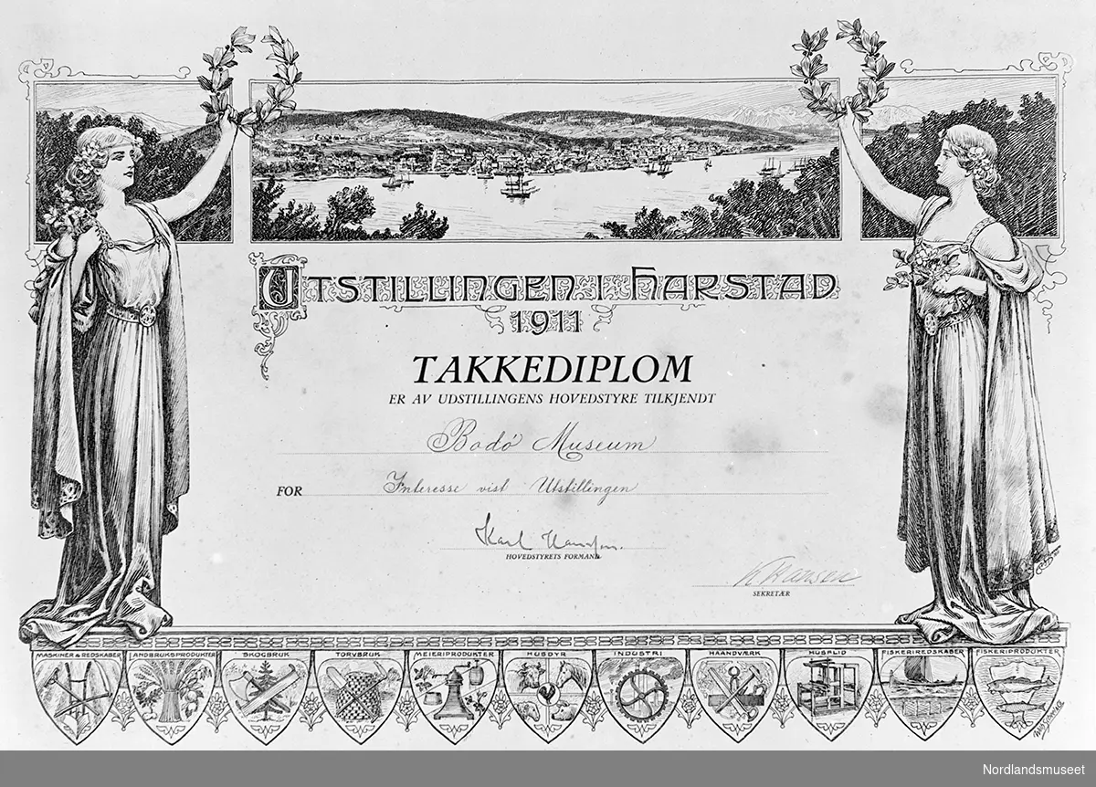 Takkediplom fra Harstadutstillingen tildelt Bodø Museum.