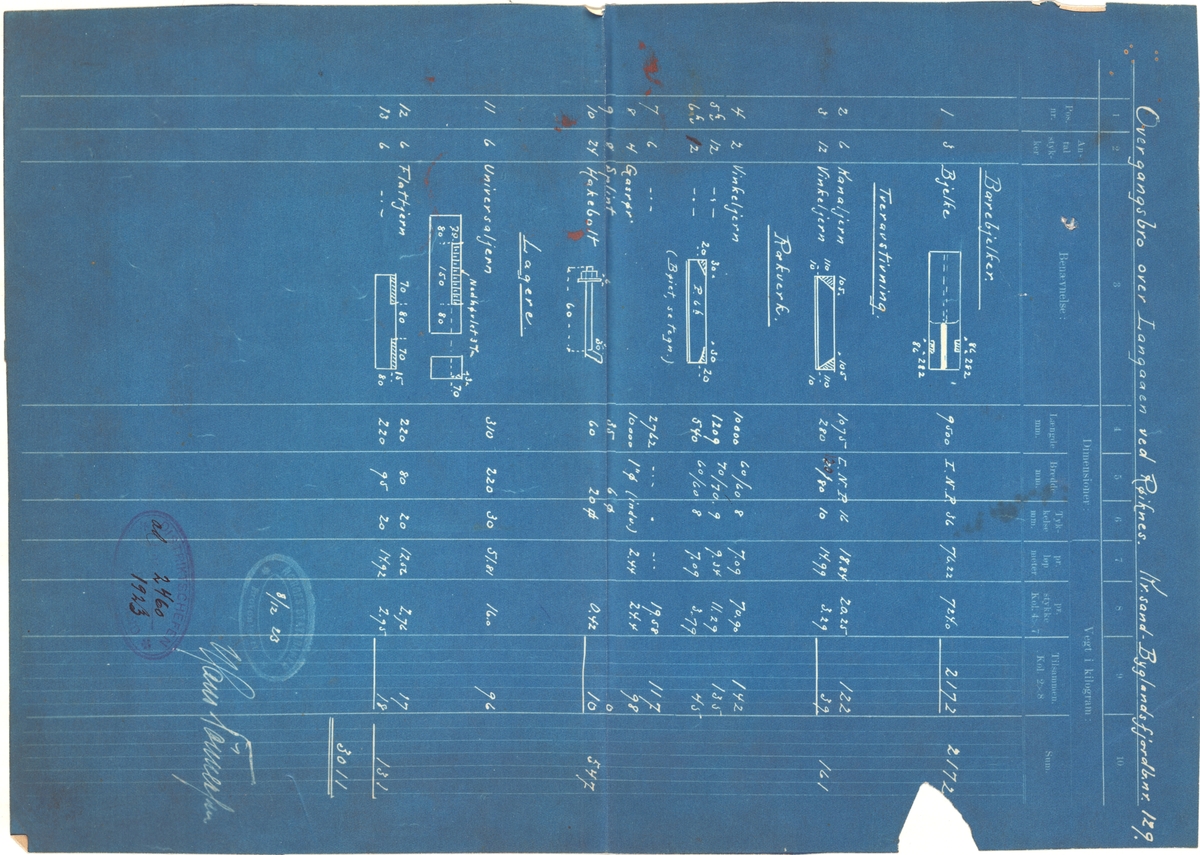 To blåkopi-tegninger av overgangsbro over Langaaen. 
Tegnet av Statsbanernes Brokontor 7/12 og 8/12 1923.
Nummer 2460.