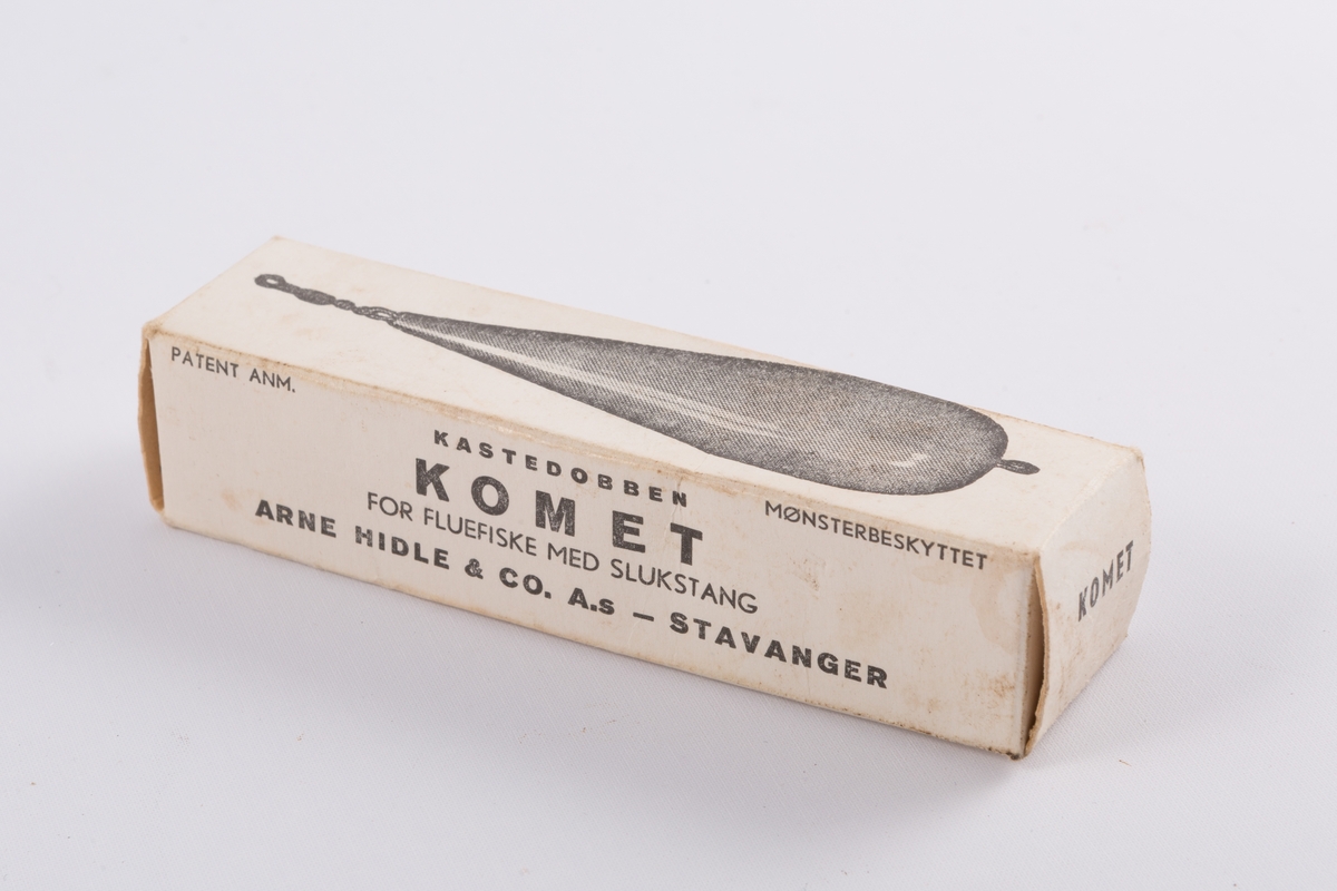 Dupp med dråpeformet sluk i malt treverk, instruksjonsark og originalembalasje