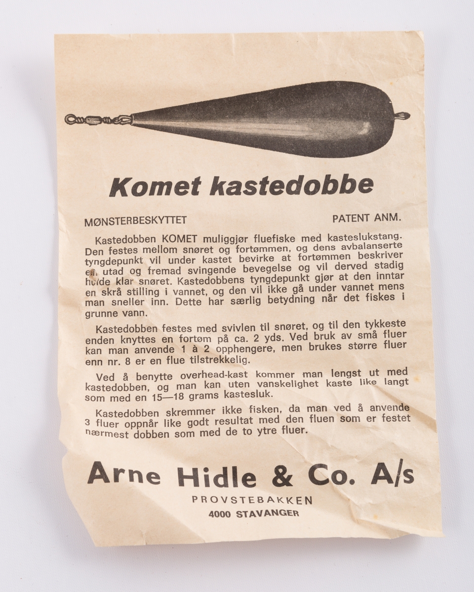 Dupp med dråpeformet sluk i malt treverk, instruksjonsark og originalembalasje