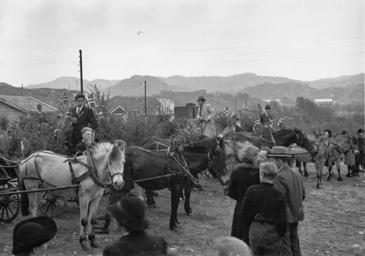 Jernbanestasjonen på Eie, 10. mai 1945. Pyntede vogner står klare for å kjøre fangene ned til byen.