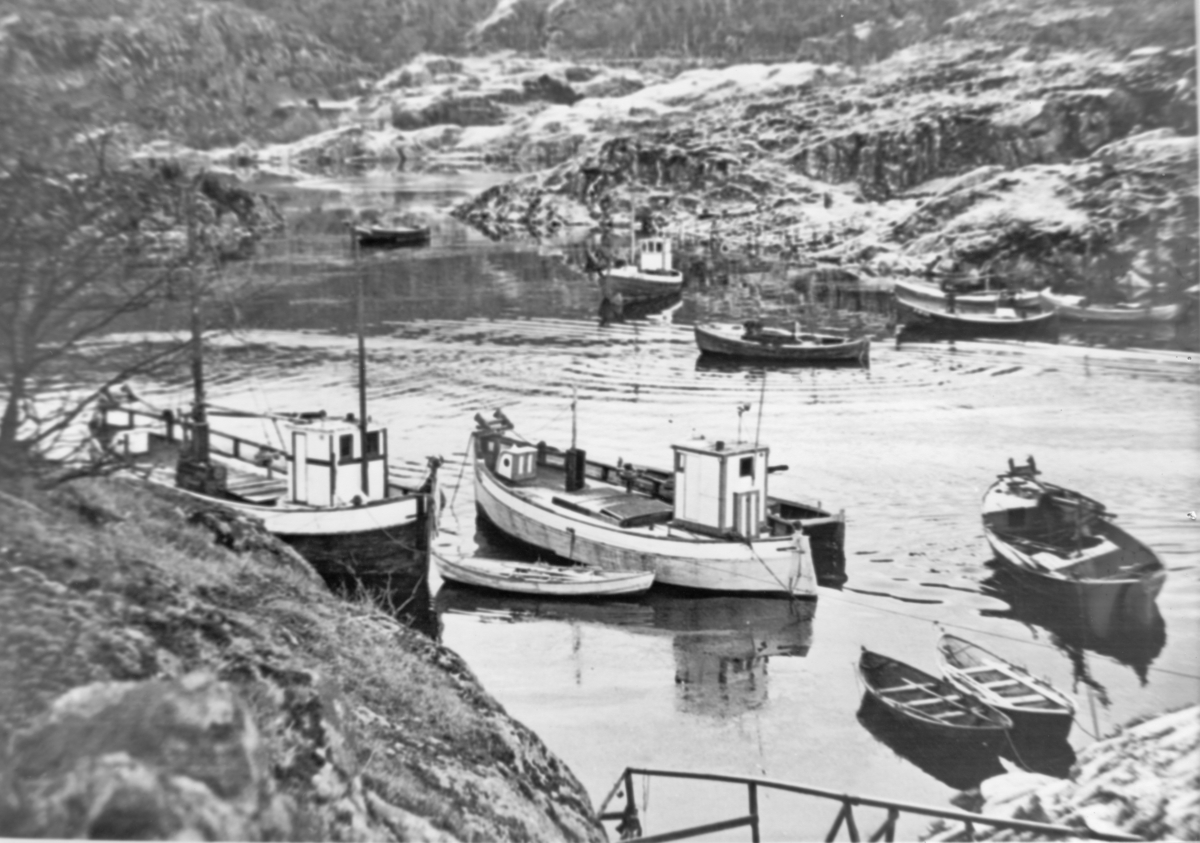 Fiskerskøyter i Lygre v/ Hestnes, ca. 1950.