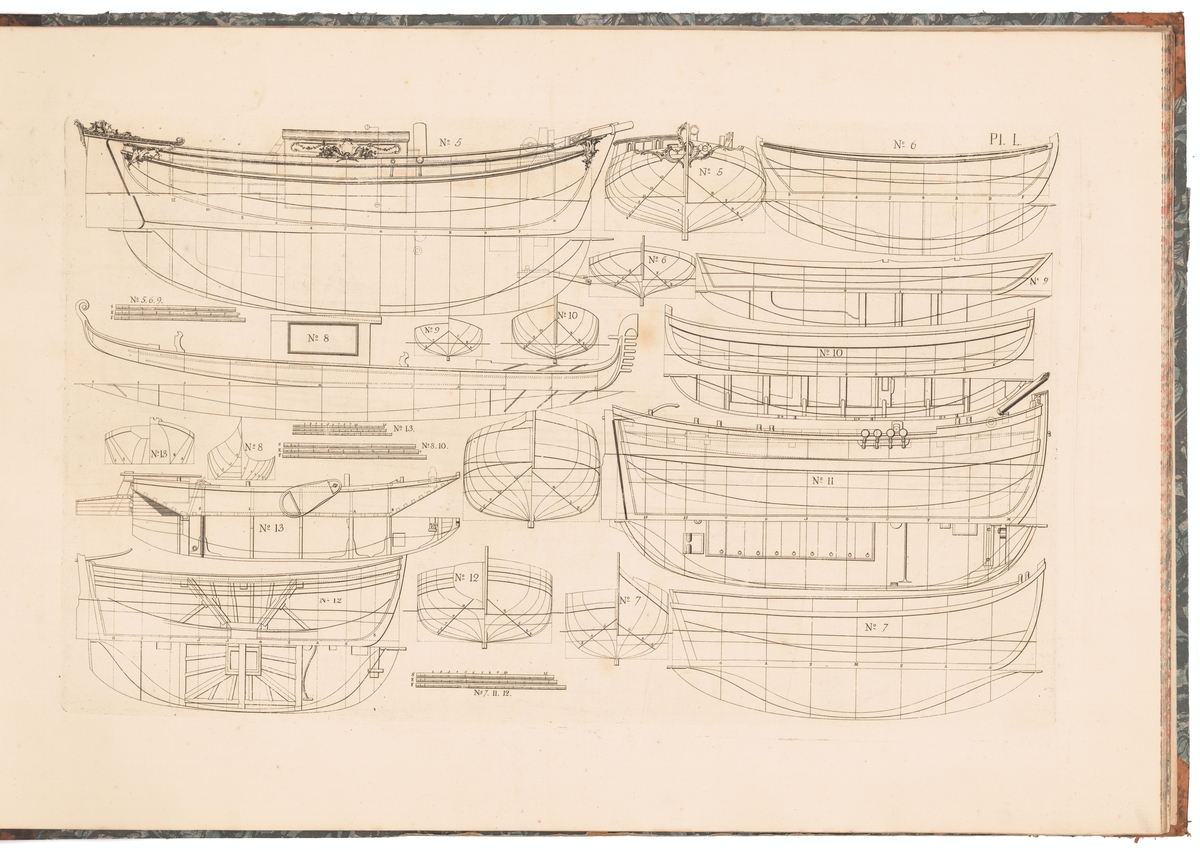 En svensk bojort (ritning nr 5), norsk julle (6), spansk bark (7), venetiansk gondol (8), engelsk wherry (9), "Grönlands-farare Slup" (10), engelsk hoj (11), engelskt "Ballast-Fartyg" från Newcastle (12) samt engelsk "Chalk Barge", pråm använd för att frakta laster av krita (13). Profil-, spant-, plan- och linjeritningar.
