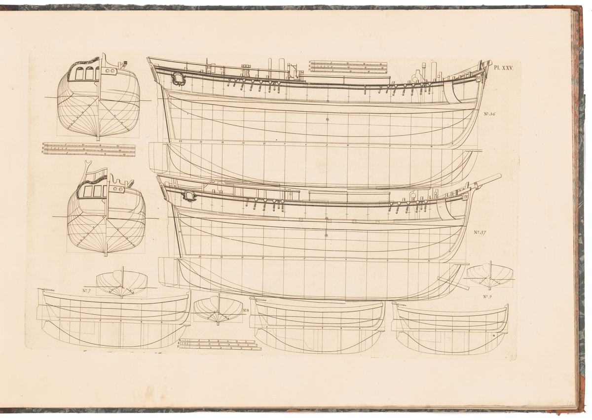 Tre jullar (ritning nr 7, 8 och 9) och två barkskepp (nr 36 och 37). Profil-, spant- och linjeritningar.