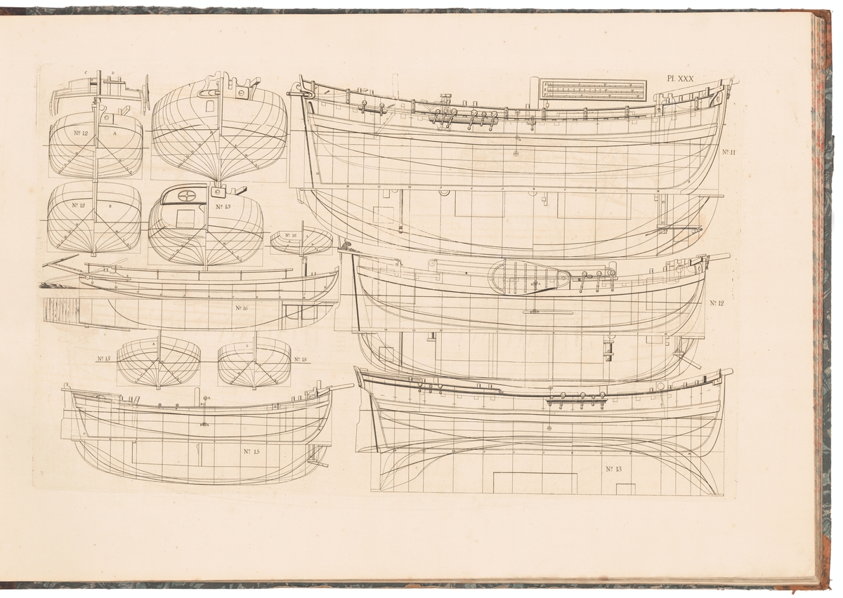 Pinkskepp (ritning nr 11), galjot (nr 12), bark (nr 13), skuta (nr 15) och färja (nr 16). Profil-, spant- och linjeritningar.