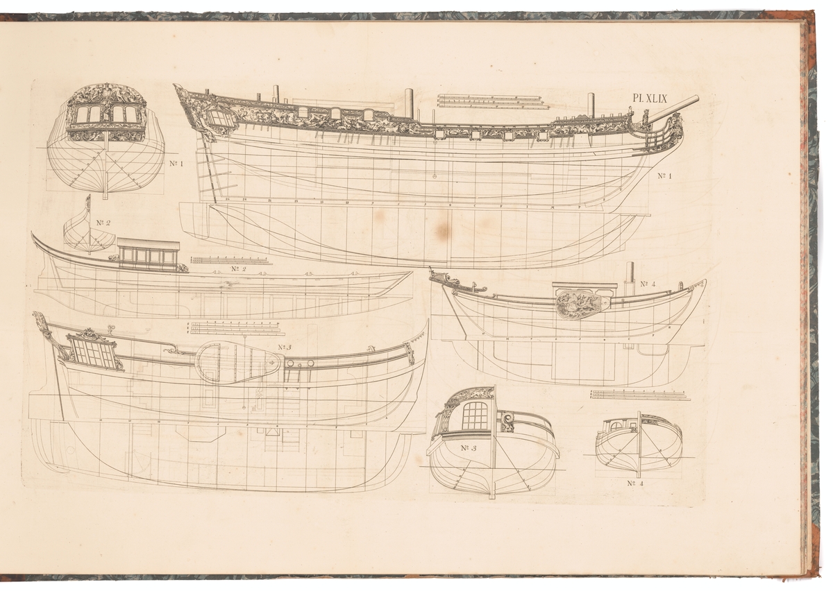 Den engelska kungliga lustjakten ROYAL CAROLINE (ritning nr 1), en engelsk praktslup/"barge" (nr 2), en holländsk lustjakt/"heerenjacht" (nr 3) samt en holländsk schuyt (nr 4). Linje-, spant- och profilritningar med ornamentering.