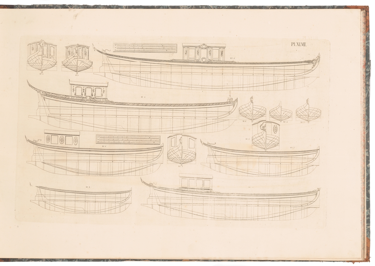 Lustfartyg: sex roddslupar. Profil-, spant- och linjeritningar.