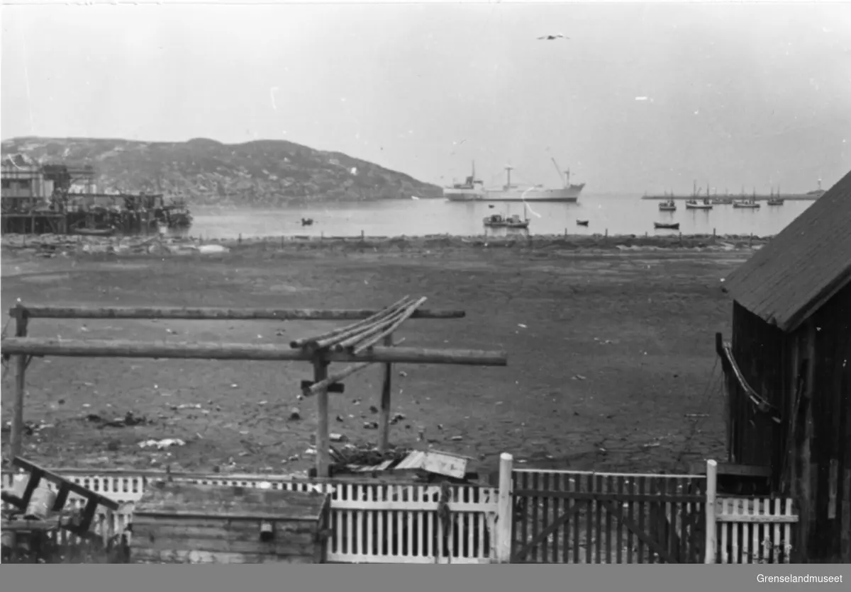 Bugøynes 21.07.1970.
"Leo Polaris", Hollandsk fryseskip kommer inn for å laste fisk ved havnevesenets kai i Pipola. Lastet ca. 100 tonn frossen filet.
Sett fra vest, fra trappa til Oskar Randa.