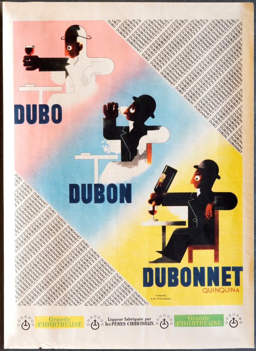 Tre reklameplakater for aperitiffen Dubonnet i liten format; en i rektangulær høydeformat og to i rektangulær breddeformat.

Plakaten i rektangulær høydeformat har et fargerikt billedfelt i midten som skrår opp mot venstre. Her er det gjengitt tre "stadier" av en velkledd mann som sitter ved et bord og drikker. Figuren går gradvis over fra hvit til svart. På billedfeltet og omkring står det DUBO DUBON DUBONNET, på sidene i liten tekststørrelse og gjentatt slik, at teksten danner et mønster.

To plakater i rektangulær breddeformat med respektive rød og gul margin, tekstet med DUBONNET. Teksten blir gradvis svartere. I billedfeltet er det gjengitt en velkledd mann ved et bord med drikkevarer i henholdsvis varmt og kaldt vær.