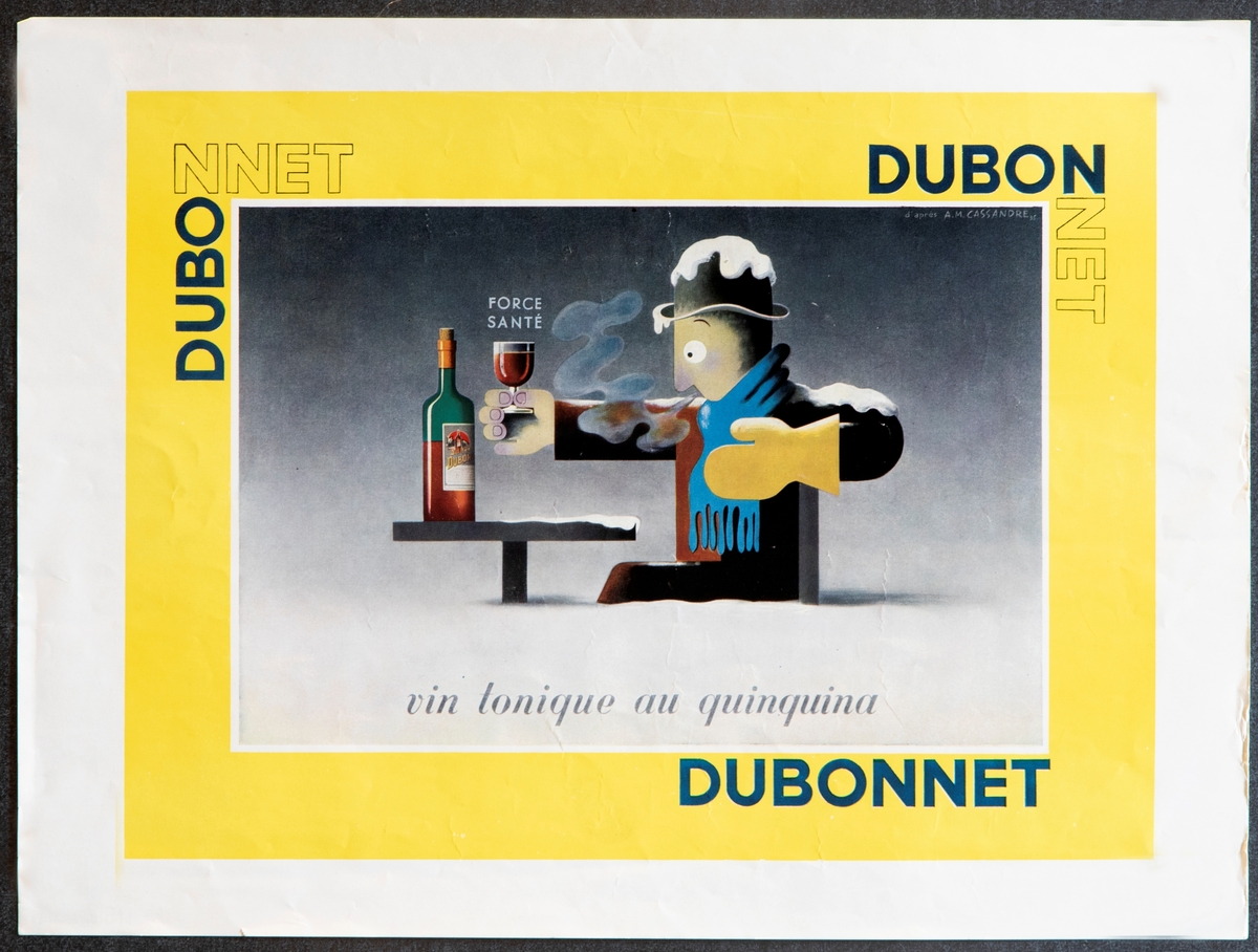 Tre reklameplakater for aperitiffen Dubonnet i liten format; en i rektangulær høydeformat og to i rektangulær breddeformat.

Plakaten i rektangulær høydeformat har et fargerikt billedfelt i midten som skrår opp mot venstre. Her er det gjengitt tre "stadier" av en velkledd mann som sitter ved et bord og drikker. Figuren går gradvis over fra hvit til svart. På billedfeltet og omkring står det DUBO DUBON DUBONNET, på sidene i liten tekststørrelse og gjentatt slik, at teksten danner et mønster.

To plakater i rektangulær breddeformat med respektive rød og gul margin, tekstet med DUBONNET. Teksten blir gradvis svartere. I billedfeltet er det gjengitt en velkledd mann ved et bord med drikkevarer i henholdsvis varmt og kaldt vær.