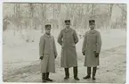 Tre officerare i vinterrockar vid träddunge.