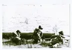 KFÖ 1975,Vikbolandet.
Tre militärer i skydd bakom ett rör vid vattenlinjen.