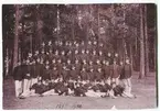 Stor soldatgrupp uppställd i skogbrynet.1895-1896.
