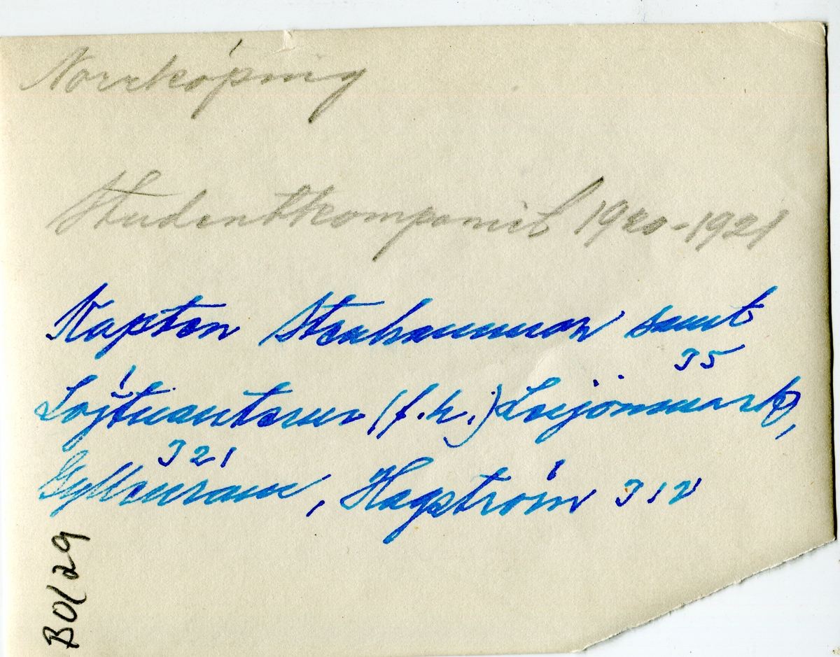 Norrköping.Studentkompaniet 1920-1921.
Från vänster kapten,övriga löjtnanter(se bild 2)