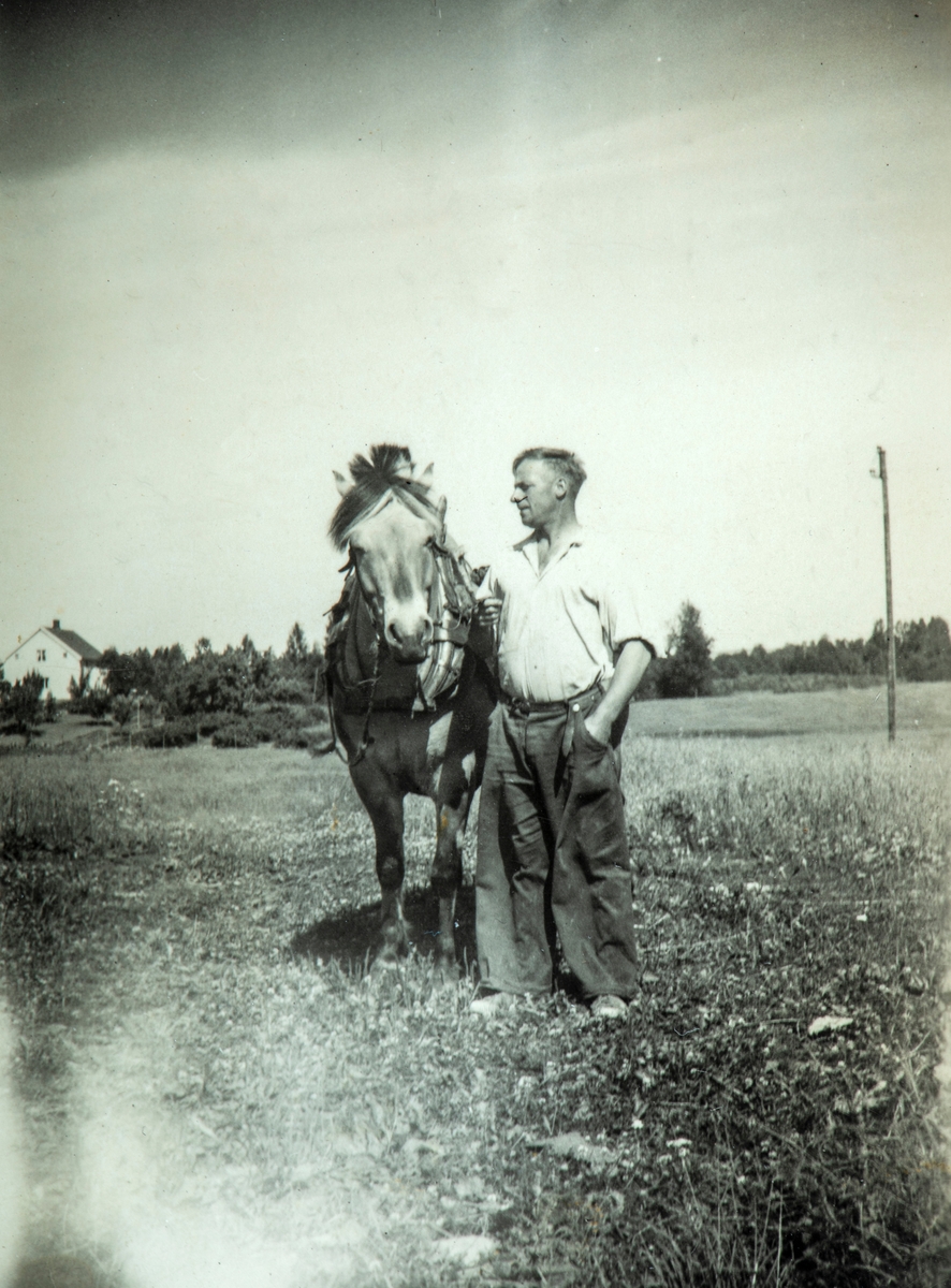 På bruket "Myre" i Ottestad skaffet de seg traktor ca i 1960. Før den tid ble arbeidet utført med hest. Her er Ottar Myhre sammen med brukets siste hest, Blakken. 
Småbruket Stensby skimtes i bakgrunn.