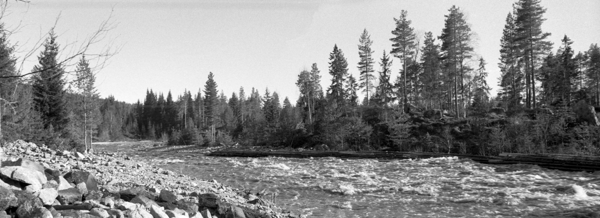 «Fullt damvann» nedover mot Sukkerhullet i elva Tannåa i Nord-Odal, Hedmark. Dette fotografiet ble tatt i 1956, året etter at Glomma fellesfløtingsforening hadde leide bulldoser for å kunne utføre «elveforbedringsarbeider». Anleggsmaskinen ble særlig brukt til å skyfle steinører i elveløpet inn på elvebredden slik at man fikk åpnere passasjer for fløtingstømmeret.  Vi ser en del slik stein til venstre i forgrunnen. Til høyre, på motsatt side av vassdraget, ser vi en tømmerskådam som bulldoseren hadde latt stå urørt. Den skulle fungere som en skjerm for fløtingstømmeret og hindre at stokkene drev inn på elvebredden når vannføringa var høy. Konklusjonen etter befaringa da dette fotografiet ble tatt skal ha blitt at det var nødvendig med «justering» av bulldozerarbeidet.