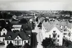 Sandgärdsgatan västerut, från domkyrkotornet, ca 1920. Närmast ser man husen i kvarteren Kristina till vänster (med fotograf Hilding Jönssons ateljéfönster uppe under taket) och Lejonet till höger. Långt borta till vänster ser man också den reklamspäckade gaveln till Spritbolagets hus på Norra Järnvägsgatan.