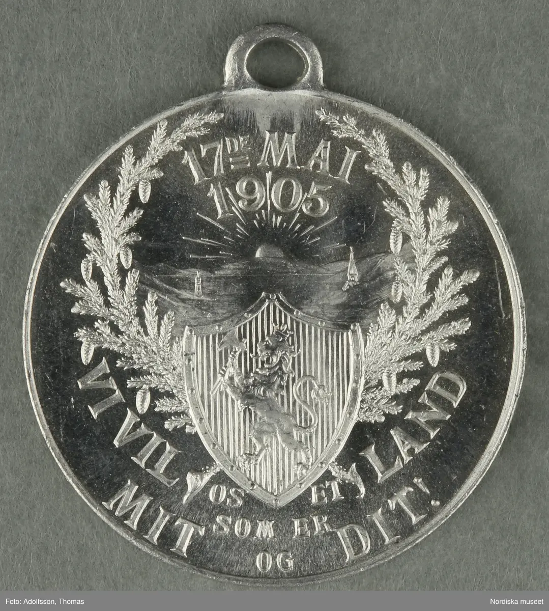 Huvudliggaren:
"a-y, Minnesmedaljer, norska, över den 17 maj; av aluminium (1 av vit metall) 24 st. från åren 1884-1907.
Gåva 28/5 1907. Läffler, Fritz, professor, Djursholm."