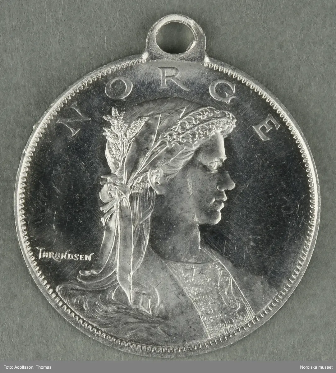 Huvudliggaren:
"a-y, Minnesmedaljer, norska, över den 17 maj; av aluminium (1 av vit metall) 24 st. från åren 1884-1907.
Gåva 28/5 1907. Läffler, Fritz, professor, Djursholm."