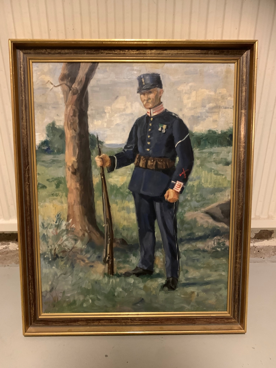 Inramad olja på duk:  "Korpral 59 Gistedt Carl Johan. 1866-1949 "