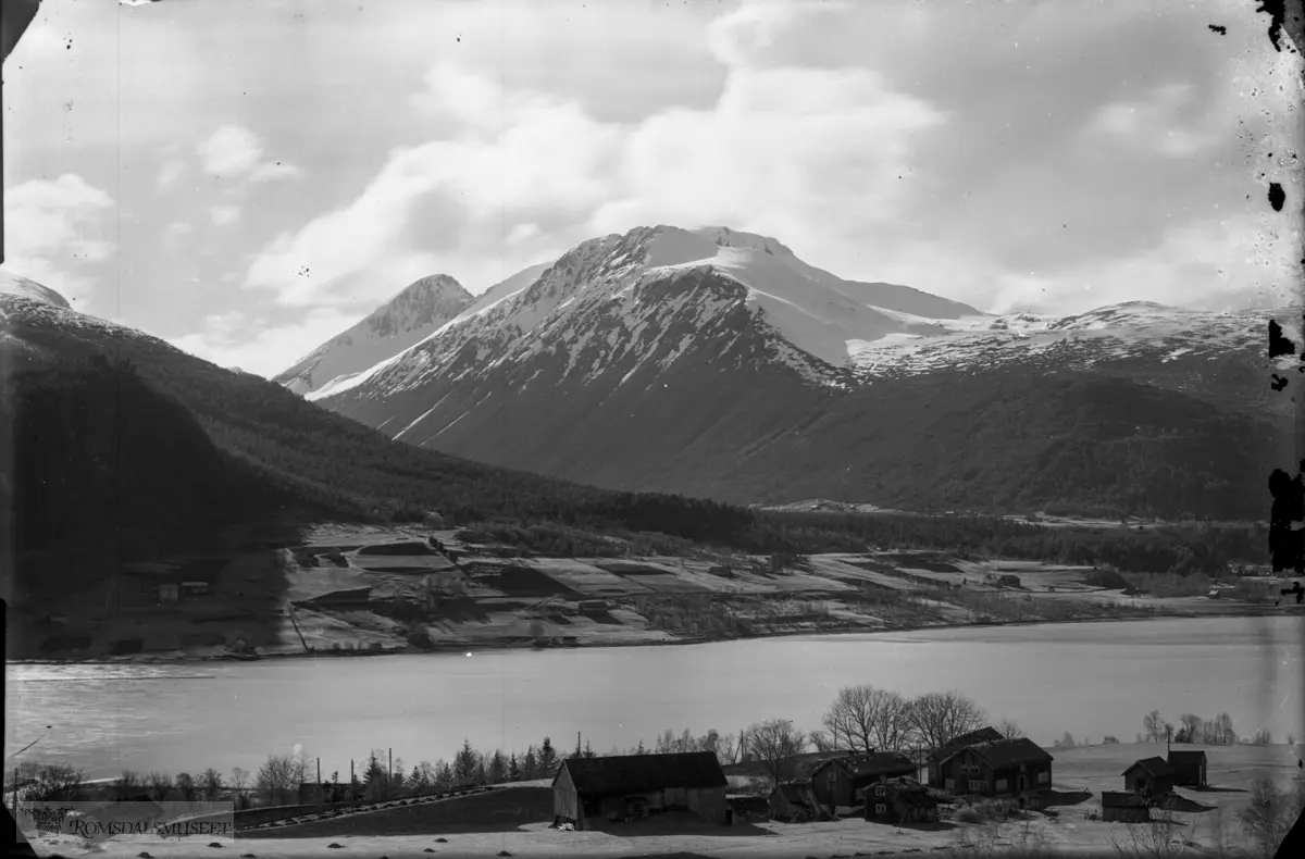 Frå Daugstad (Jogarden og Erikgarden) mot Tresfjorden og Skorgedalen i Vestnes kommune. Gardane på bortsida av fjorden er f.v. truleg Eikeneset,Bjremeland, Svinabøen, Skorga mm. Same motivet står i DNTs Årbok 1933 s. 162