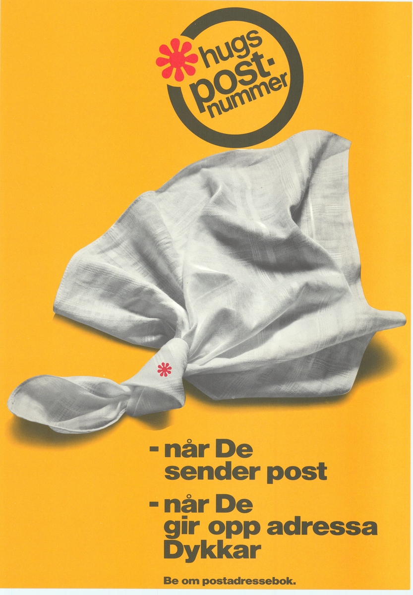 Plakat med gul bunnfarge, motiv og tekst. Plakaten er tosidig med tekst på nynorsk og bokmål på hver sin side.