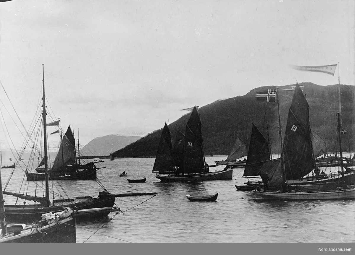 Seilerregatta ved Harstad, båtene inne på havna. Nr 11 er en tomastet slupp, bak vinnerbåten som tilhører Mikael Berteusen Årstein er det en 2-mastet synkefri sneseiler kalt "Avance", nærmest til h. en 2-mastet slupp "Capella" med flaggeier Johannes Andersen Stokland Skjerstad, bak den ligger en lignende båt, "Alfa". I bakgrunnen ses Gansåstoppen.