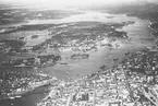 Flygbild av Stockholm med Stockholm ström, ca 1930.