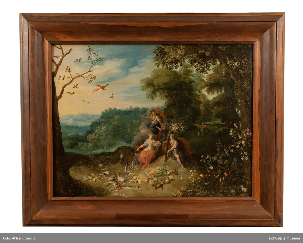Jan Breugel d ä. Född i Flandern 1568, död 1625.
De fyra årstiderna. 49 x 64,5. Olja på kopparplåt.

RAMNING
Profilerad brunbonad valnötsram på stomme av furuträ.
Kopparplåt, med träpannå med rektangulärt titthål som sitter som ytterligare skydd på baksidan. 
Genom revor i det papper som sitter limmat på plåten skymtar en grågrön beläggning på metallen. Rester av pappersklisterremsa runt pannåns ytterkanter.

UPPGIFTER PÅ BAKSIDAN
På plåten fastlimmat papper handskriven svart text med tusch: 
"The seasons 
by Brughell & Rottenheimer (understruket)
size 2 feet by 1 foot 7 inches
J. R Scott collection HK (?)
bought of J Wats (on ?)
1877"
Blå kritanteckning: "609 aZ"

Fastlimmat papper på bakpannån med handskriven tuschtext: 
"The seasons Brughel & Rottenheimer". På denna ett fastlimmat runt papper med siffran "77".

BREUGHEL Jean dit de Velours
BRUEGEL Jan I 
Övrig historik se JJ01