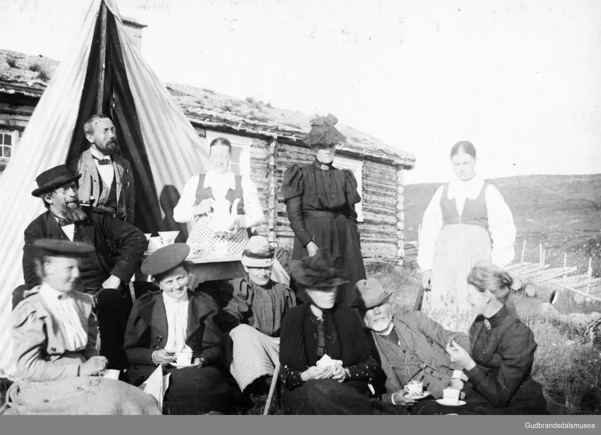 Gruppe på 11 personer, kvinner og menn, på Laurgårdseter på Høvringen i 1894.