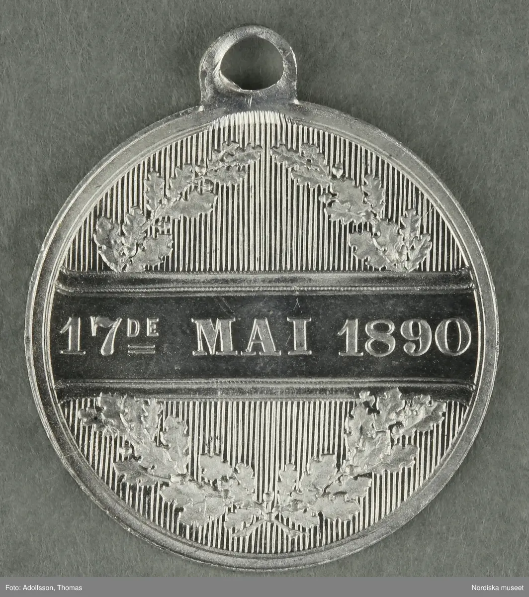 Huvudliggaren:
"a-y, Minnesmedaljer, norska, över den 17 maj; av aluminium (1 av vit metall) 24 st. från åren 1884-1907.
Gåva 28/5 1907. Läffler, Fritz, professor, Djursholm."