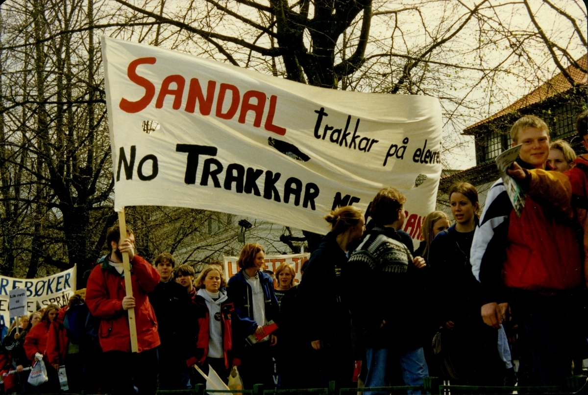 Fotografi frå arkivet til Norsk Målungdom. Biletet er teke i Bergen under Aksjon for språkleg rettferd i skulen (AFSRIS) i 1997. AFSRIS var eit samarbeid mellom Norsk Målungdom, Norsk Elevorganisasjon og Norsk Gymnasiastsamband, som arbeidde mot å fjerne retten til læremiddel på nynorsk. Det er uvisst kven fotografen er.

Dette er eit av fleire foto frå arkivet til Norsk Målungdom. For innsyn ta kontakt med Nynorsk kultursentrum.