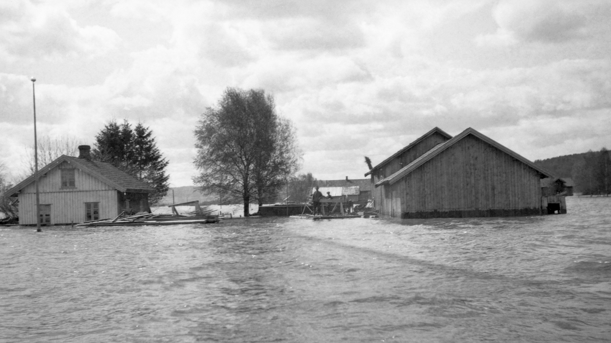 Storflom ved Fetsund i 1916. Fotografiet er tatt mot tunet på et lite bruk med et tømret, bordkledd og malt våningshus til venstre og med driftsbygninger, tilsynelatende oppført i bordkledd i bordkledd bindingsverk til høyre.  Foran uthuset kan det se ut som et par karer var i ferd med å redde noe over på en flåte.  Vannet sto et stykke oppover husveggene da dette fotografiet ble tatt.

1916 var et betydelig flomår i Glomma.  I den øvre delen av vassdraget måtte en ha opplevd 1850 for å kunne huske like mye vatn i elva.  I den nedre delen av vassdraget var det ikke fullt så ille, men også her nådde flommen områder som bare sjelden ble utsatt for slikt., noe dette fotografiet illustrerer.