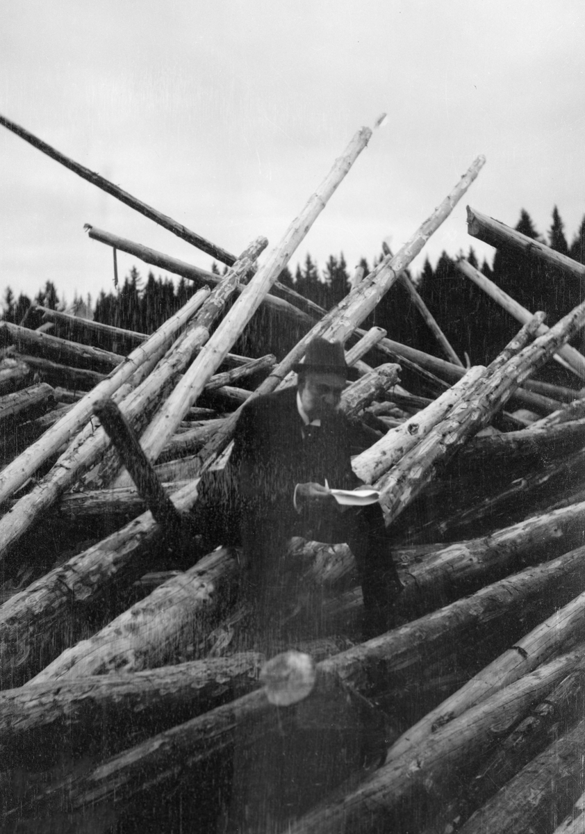 Tømmeropphopning ved attholdslensa ved Bingen i Sørum, Akershus, i 1917.  Bildet inngår i en serie opptak fra Bingen dette året (jfr. SJF. 1989-02613 - SJF. 1989-02619).  Dette fotografiet viser en detalj i den forstand at det er et nærbilde av en herre med hatt og mørk dress som sitter i en tømmerhaug der stokkene er presset sammen så tett at den underliggende vannflata er usynlig, mens stokkendene sprikker til forskjellige kanter. Den velkledde mannen sitter med et dokument i hendene. En tidligere registrator ha antydet at mannen må være konsul Emil Mørch, som representerte trelasthandlerne i Fredrikstad i Glomma Fellesfløtingsforenings styre på det tidspunktet opptaket ble gjort. 

Situasjonen på dette fotografiet er preget av den spesielle situasjonen i Glommafløtinga i 1917.  Fra den delen av vassdraget som lå ovenfor Fetsund var det merket 14 152 835 stokker som skulle fløtes dette året. I tillegg lå 549 893 stokker igjen fra fjoråret, som også hadde vært en vanskelig fløtingssesong. Bortimot 15 millioner tømmerstokker skulle altså ekspederes via lenseanleggene ved Bingen og Fetsund. Oppgaven ble ikke enklere ved at våren 1917 ble uvanlig sein, slik at det drøyde lenge før fløtinga kunne starte. Arbeidet kom ikke skikkelig i gang før i slutten av mai. En kraftig regnflom ved St. Hans-tider satte imidlertid bokstavelig talt fart i virksomheten. Enorme tømmermengder hopet seg opp i lenseanlegget ved Bingen. Her ble den vanlige mannskapsmengden altfor liten til å ekspedere tømmeret videre i retning sorteringsanlegget ved Fetsund før presset på Bingslensa ble i største laget. Løsningen ble å doble bemanninga, og følgelig måtte det tas inn flere folk på Fetsund for å unngå opphopninger der også. Fløtingssesongen 1917 ble likevel uvanlig lang. Det siste tømmerslepet over Øyeren gikk i månedsskiftet november-desember. 

En kort historikk om Bingen lenser finnes under fanen «Opplysninger».