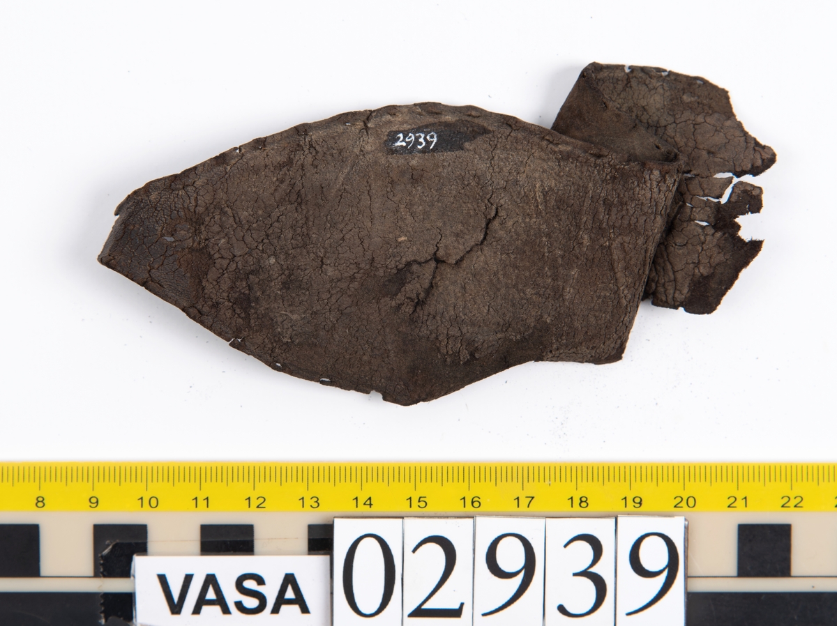 Tjugofem delar och fragment av sko. Skon är troligtvis ej samtidia med förlisningen av Vasa.
Bland delarna och fragmenten går att urskilja ett fragmentariskt ovanläder, en del av en holtrand, en sula samt en klack. Sulan har ett mycket spetsigt tåparti. Längs med sulans ytterkanter löper stygnshål.
Klacken är fragmentarisk och har kvarsittande skopligg. Tre löst liggande träpligg.
Lädret är mycket sprött samt ligger hopvikt.
Fyndet innehåller även filt samt trä.