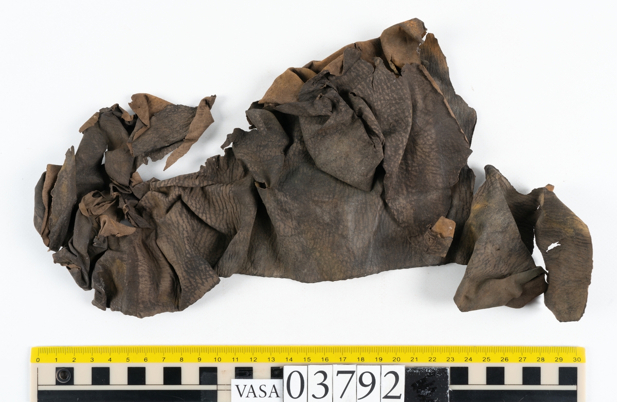 Ett 70-tal delar och fragment av stövel. Bland delarna går att urskilja en del av en klack med kvarsittande skopligg, fyra delar av ovanläder samt en stropp med avmalnande ändar. Flertalet fragment har rostfärgade utfällningar.
Lädret är tunt och sprött samt ligger hopvikt.