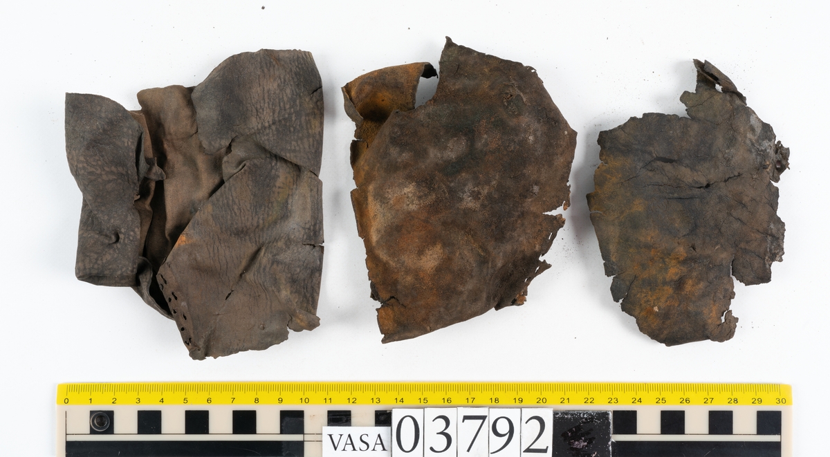 Ett 70-tal delar och fragment av stövel. Bland delarna går att urskilja en del av en klack med kvarsittande skopligg, fyra delar av ovanläder samt en stropp med avmalnande ändar. Flertalet fragment har rostfärgade utfällningar.
Lädret är tunt och sprött samt ligger hopvikt.